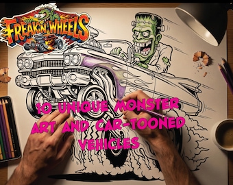 Desenhos de carros para colorir para adultos e crianças | 10 páginas em PDF para imprimir (20x25 cm) | Arte de Hot Rod Monstro | Carro Musculoso Lowbrow - Download instantâneo