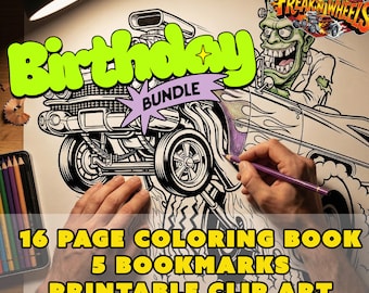 Monster Hot Rod Coloring Book & Clip Art Bundle | Kids Birthday Printables | 16 Pages, 5 Bookmarks, PNG Clip Art, Numbers 0-9 | PDF