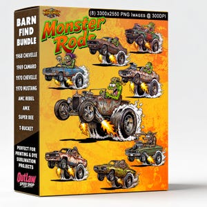 Puede incluir: Una caja de producto digital etiquetada como Barn Find Bundle Monster Rods que presenta ocho ilustraciones de monstruos de dibujos animados conduciendo coches clásicos oxidados con llamas saliendo de los neumáticos. La caja enumera modelos.
