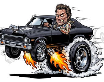 May include: A cartoon illustration of a black Chevrolet Nova muscle car with a duck hood ornament and a skull graphic on the hood. A driver with a cigarette is behind the wheel. The car has large rear tires, exhaust flames, and smoke.