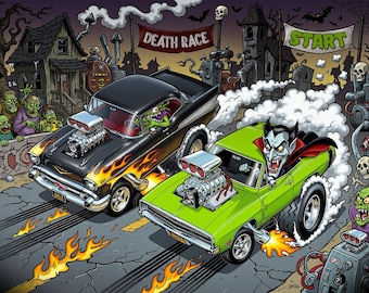 Arte de Hot Rod Monstro | Pôster da Cultura Kustom | Corrida de Arrancada | Arte de Parede para Garagem