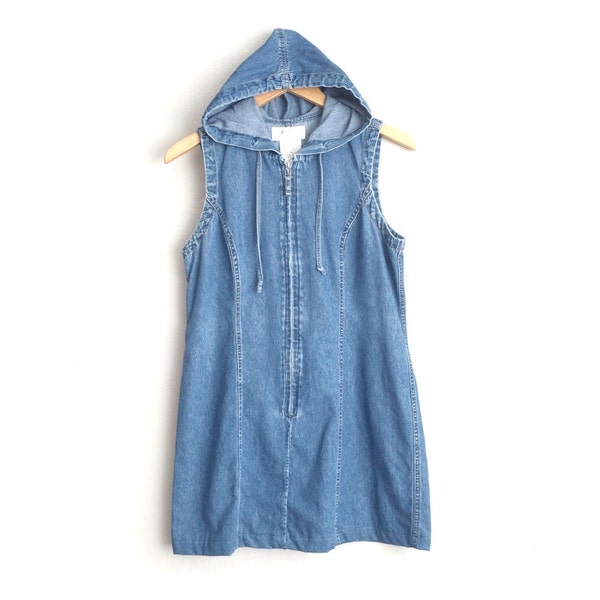 SALE // Size M // DENIM HOODIE Dress // Blue - Sleeveless - Zip-Front - Sporty - Vintage '90s.