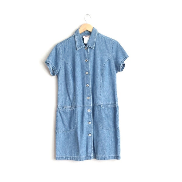 SALE // Size M // DENIM SHIRTDRESS // Blue - Short Sleeve Button-Front Dress - Collar - Vintage '90s.