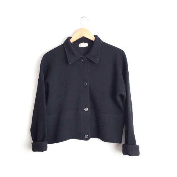 Size S/M // WOOL COLLARED CARDIGAN // Black Knit Sweater - Oversized - Minimalist - Vintage '90s J. Crew.