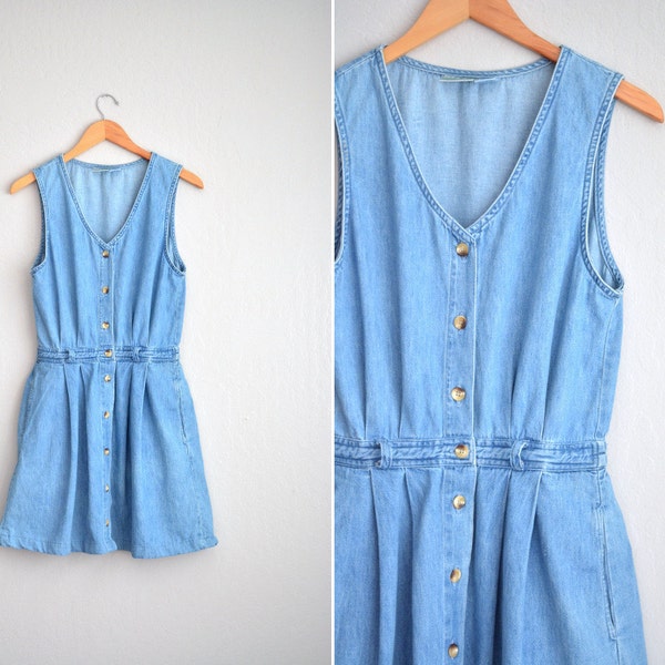 SALE // Size L // DENIM BUTTON-Up Dress // Blue - L.L. Bean - Sleeveless Button-Front Jumper - Belt Loops - Pleated - Vintage '90s.