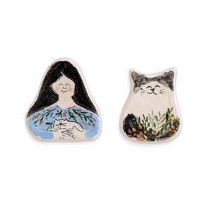 Woman & Cat Ceramic Magnet Set - Cat Mom Gift - Handmade Pottery Gift for Cat Lovers - Cat Lady Gift | Kitchen Decor - Spanish Pottery