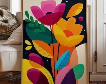 Impression de fleurs pop art, art botanique moderne, affiche florale vibrante (téléchargement numérique)