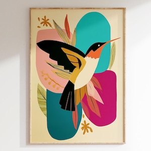 Modern Boho Hummingbird Digital Art, Abstract Bird Wall Art, Colorful Mid Century Wall Art Abstract Bird