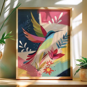 Vibrant Hummingbird Wall Art Printable, Bold Abstract Bird Digital Download, Tropical Boho Wall Decor, Colorful Nature Art Print