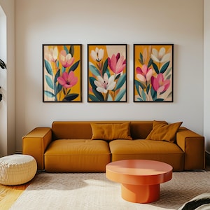 3 Piece Wall Art Set Digital Download, Modern Floral, Botanical Prints, Gallery Wall Prints, Tropical Flower Printable Set, Abstract Flower