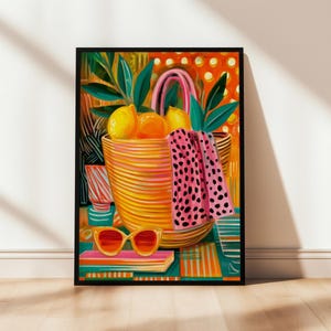 Vetgedrukte citroenmand-kunstprint – digitale download | Levendig zomerdecor voor keuken- of barwagen | Digitaal schilderen met citrus en zonnebril