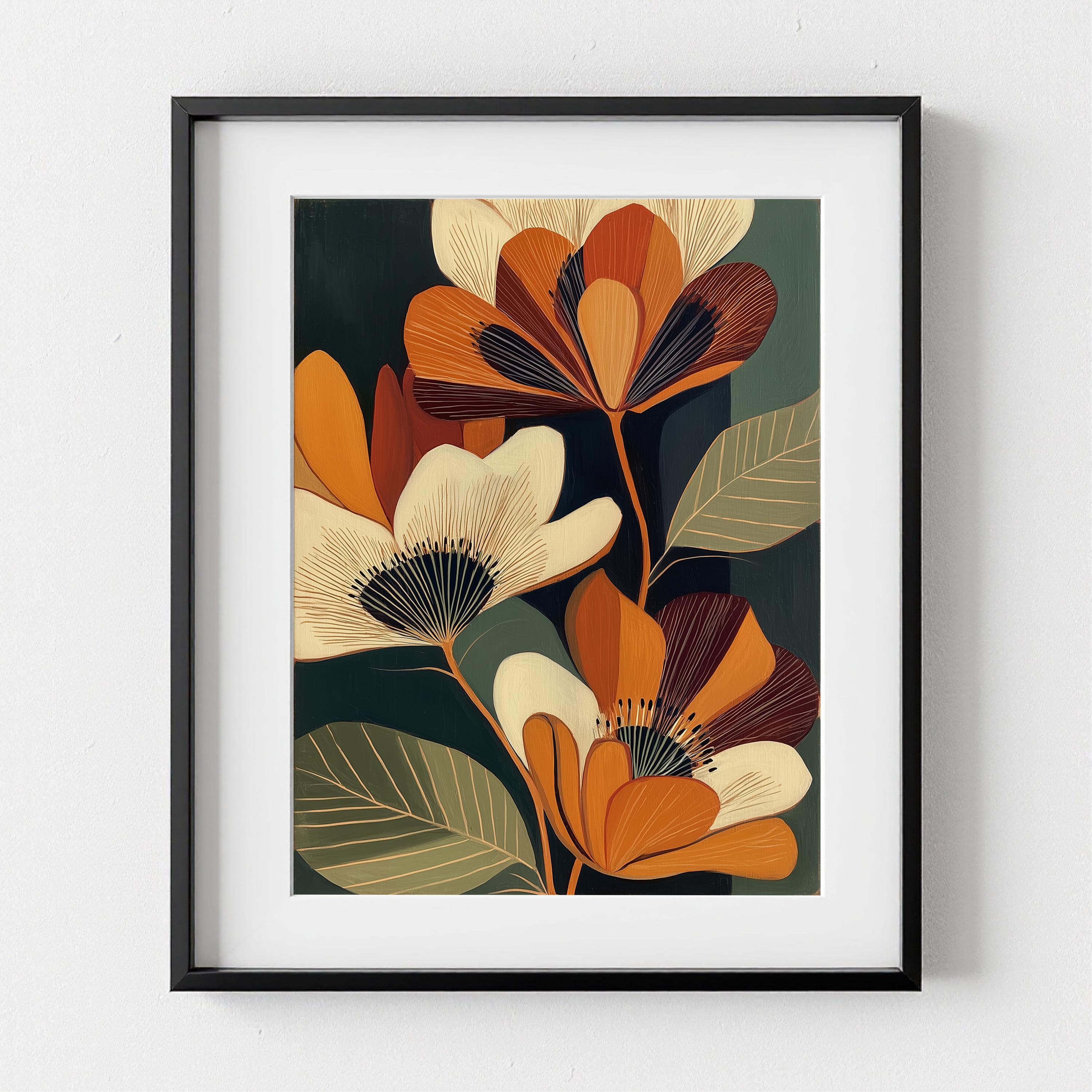 Mid Century Floral Wall Art Print | Retro Botanical Artwork in Burnt ...