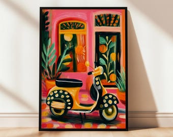 Retro Vespa Art Print: Pink Italian Scooter Painting (Digital Download)