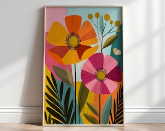 May include: A framed floral art print featuring two large, stylized flowers in shades of orange and pink. The artwork has a colorful background with yellow, blue, and pink blocks. Green leaves and stems complete the botanical design.