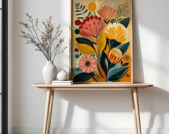 Retro Floral Wall Art – Mid-Century Botanical Print (Digital Download)