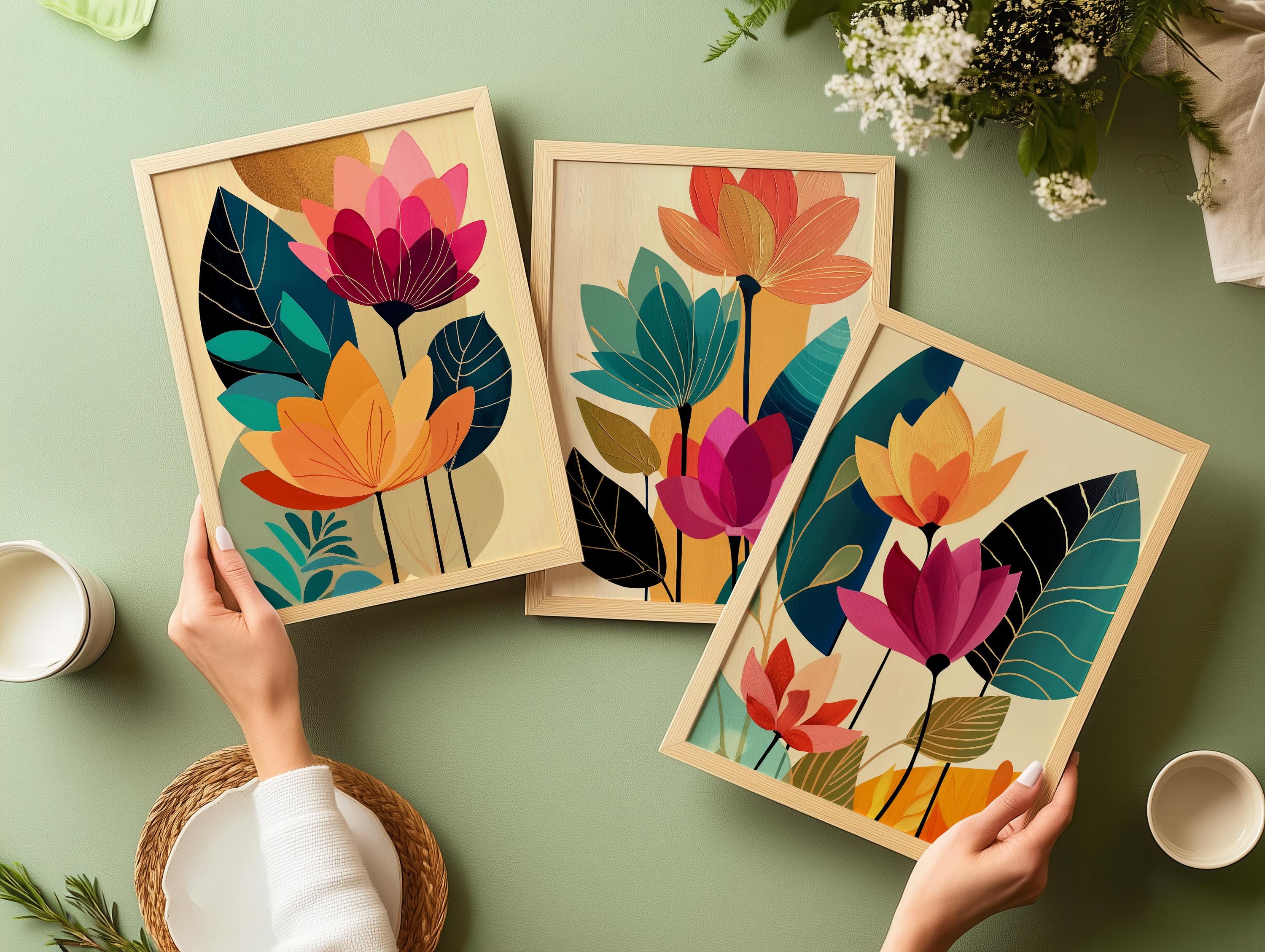 Modern Floral Wall Art Set of 3, Botanical Prints, 3 Piece Digital Art ...