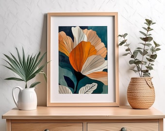 Orange Floral Art Print, Mid Century Modern Botanical (Digital Download)