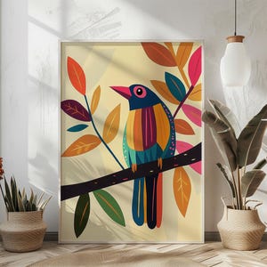 Colorful Abstract Bird Wall Art | Vibrant Bird Print Digital Download | Boho Nature Printable | Mid-Century Geometric Art | Instant Download