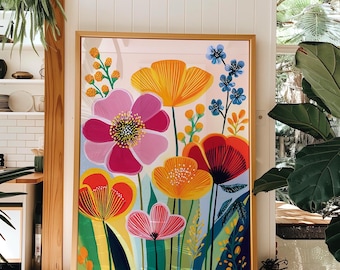 May include: A framed floral art print featuring vibrant flowers in shades of pink, yellow, orange, and blue. The artwork has a light background and is framed in a natural wood frame. The flowers are stylized with bold outlines and bright colors.