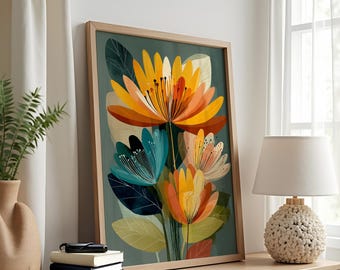 May include: A framed floral art print featuring stylized flowers in shades of yellow, orange, blue, and pink against a teal background. The artwork is displayed on a wooden table, next to a lamp with a textured base and a stack of books.