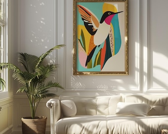 Modern Hummingbird Art Print, Geometric Boho Wall Decor (Digital Download)