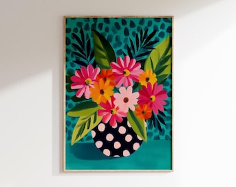 Floral Art Print, Polka Dot Vase, Teal Background (Digital Download)