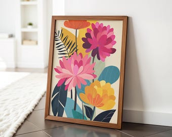 Floral Wall Art Printable, Bold Botanical Digital Download, Bright Abstract Flower Design