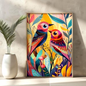 Levendige vogel kunst aan de muur, geometrische, abstracte boho afdrukbare, kleurrijke digitale download voor moderne natuur geïnspireerd decor, kunst voor woonkamer