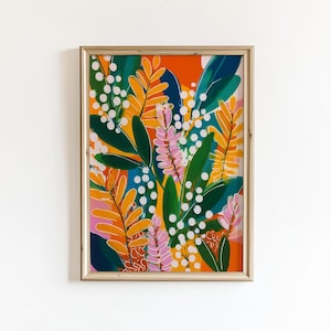 Leaves and Flowers Art,Trendy Modern Boho Botanical Wall Art Print, Abstract Floral Digital Download, Plant Poster, Vibrant Jungle Printable