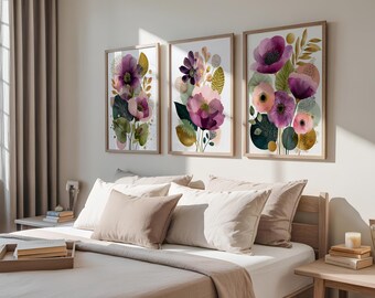 Digital Art Prints in Set of 3. Modern, elegant purple, gold, and green florals for living room or over bed art. Instantly print.