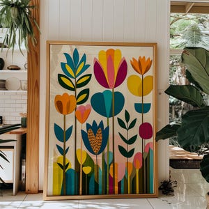 Boho floral wall art, mid-century inspired wall art, digital download, colorful spring flowers print, abstract floral printable