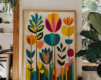 Abstract Floral Print, Colorful Boho Mid-Century Wall Art (Digital Download)
