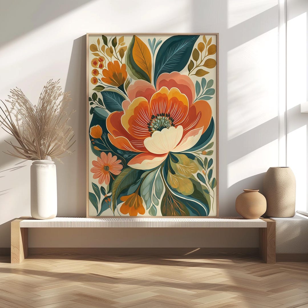 Vintage Botanical Floral Art Print | Retro Orange & Teal Flower Wall ...