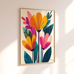 Modern Abstract Floral Wall Art, Colorful Botanical Print, Mid-Century Modern Flower Art, Vibrant Digital Download