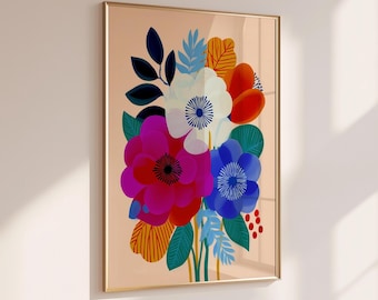 Scandinavian-Inspired Floral Wall Art, Bold Printable Bouquet in Red, Blue & Pink, Digital Download Poster