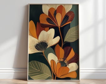 May include: Framed floral art print featuring stylized flowers in shades of orange, cream, and brown against a dark teal background. The artwork has a mid-century modern aesthetic, with detailed line work and leaf accents. The print is displayed in a light-colored wooden frame.