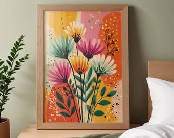 Può includere: Una stampa artistica floreale incorniciata con fiori vibranti nei toni del rosa, giallo e verde acqua su uno sfondo astratto. L'opera d'arte è presentata in una cornice di legno marrone chiaro. Il tema generale è botanico.