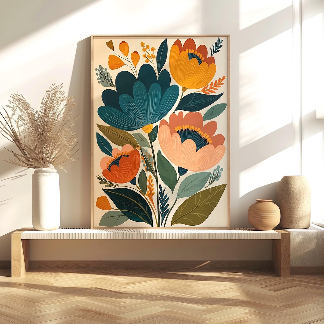 Retro Floral Wall Art Print | Mid Century Modern Botanical Illustration ...