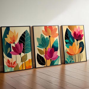 Modern Floral Wall Art Set of 3, Botanical Prints, 3 Piece Digital Art ...