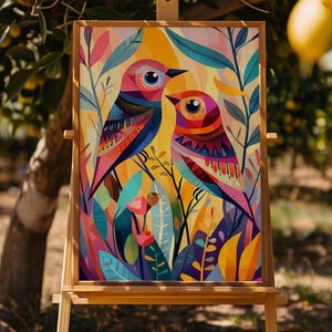 Arte mural geométrico vibrante de pájaros, diseño bohemio abstracto imprimible, descarga digital colorida para una decoración moderna inspirada en la naturaleza, arte para la sala de estar.