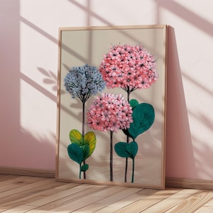 Pink and Blue Floral Wall Art, Modern Botanical Printable, Hydrangea Wall Art, Colorful Minimalist Nature Art Print, Digital Download