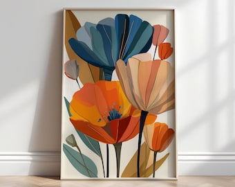 May include: A framed floral art print featuring stylized flowers in shades of orange, blue, and peach. The artwork includes large blooms with detailed petals and green and brown leaves against a cream background. The print is displayed in a white frame.