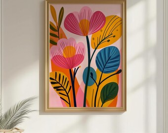Pink Floral Wall Art, Mid-Century Modern Flower Print (Digital Download)