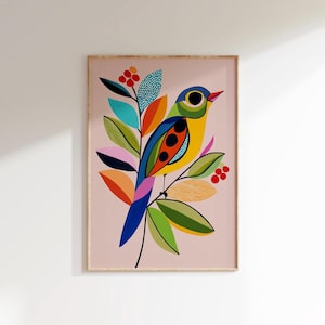 Kleurrijke vogelkunstprint: abstract boho-kwekerijdecor (digitale download)