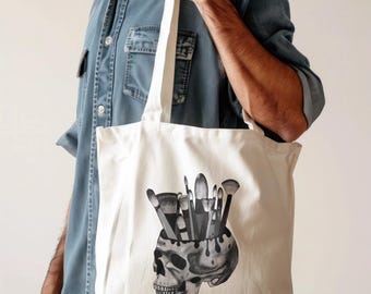 Gothic Skull & Brushes Canvas Tote Bag – Dark Art Illustration