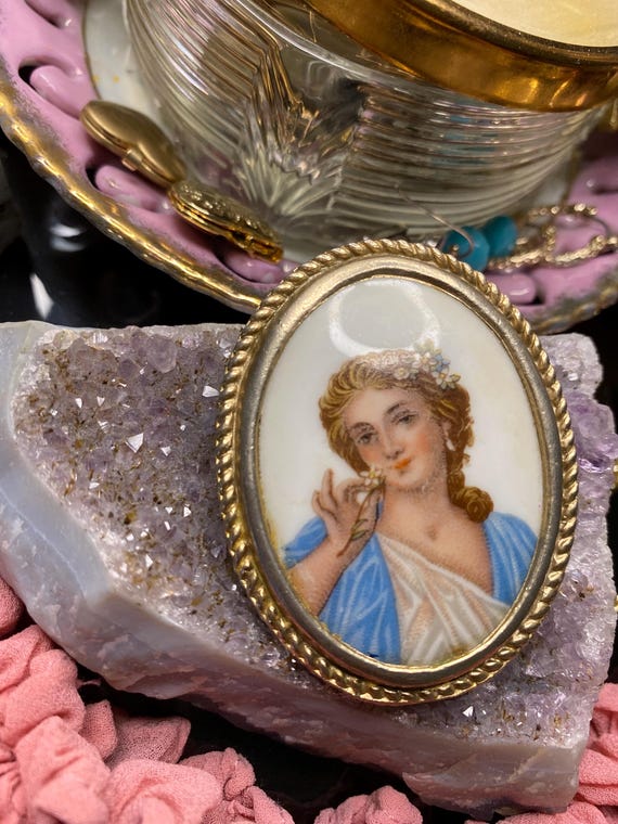 Parure Vintage Pendetif Et Bague Camée En Porcelaine De Limoges - Années 1950 - Occasion
