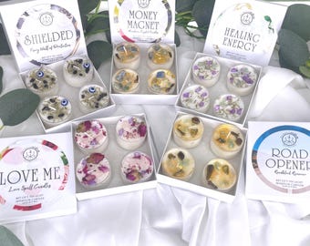 Herbal Intention Tea Lights: Soy Wax Candles with Crystals - Set of 4