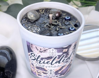 Vela de protección: turmalina negra, hierbas y cera de soja.