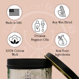 May include: A black candle tin with a gold rim, featuring the text "The Mystical Wellness Apothecary." The image highlights key features: soy wax blend, premium fragrance oils, 100% cotton wick, and non-toxic ingredients. Made in the USA.