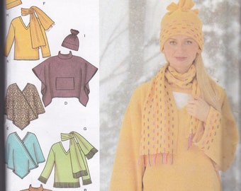 Simplicity Outerwear Pattern 4782 Pullover, Poncho, Scarf, Hat XS-S-M UC